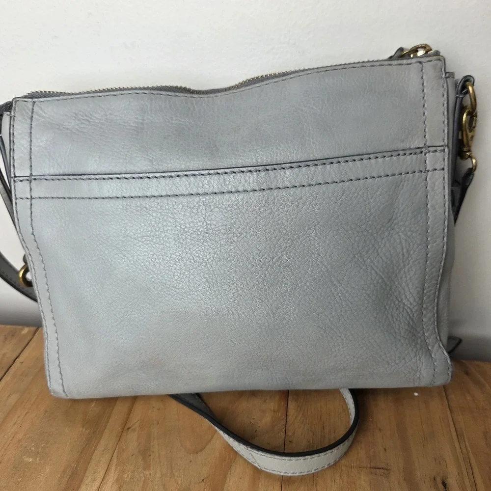 Fossil Gray Leather Crossbody Bag Soft Pebbled Leather Zip Top Key Charm...